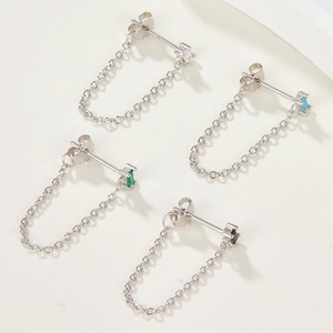 Detail of S925 silver chain earrings with square zircon in white, blue, green, and black
