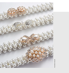 Detail of elegant pearl waist belts with decorative rhinestone alloy buckles for dresses