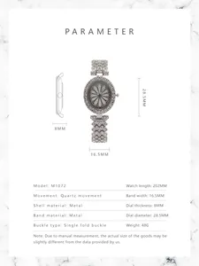 Detailed technical specifications and sizing diagram for the rhinestone women's quartz watch