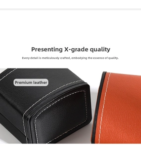 Detail of high-quality PU leather watch box with white contrast stitching craftsmanship