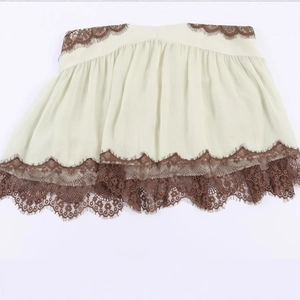 Beige lace patchwork mini dress for women with intricate brown floral embroidery details