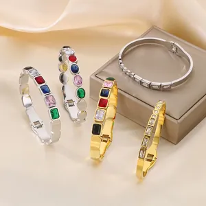 Trendy Stainless Steel Colorful Rhinestone Inlaid Bangle For Women Geometric Fashion Jewelry Elegant Wristband Accessory Gift