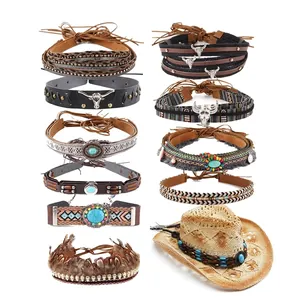 Western Cowboy Hat Band Bohemian Ethnic Woven Leather Belt With Bull Skull Turquoise Beads DIY Adjustable Accessory