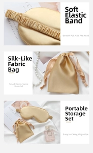 Champagne silk sleep mask details with elastic strap and matching drawstring pouch