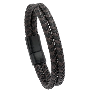 Bracciale minimalista in pelle intrecciata a doppio giro marrone e nero con chiusura in metallo