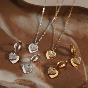 Elegant stainless steel double heart jewelry set with necklace and earrings in gold and silver