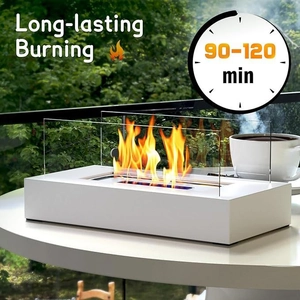 Detail of white rectangular tabletop fire pit showing 90-120 min long-lasting burning time