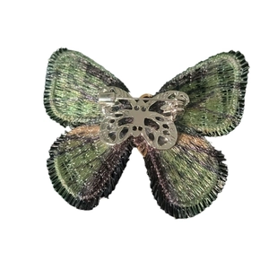 Elegant fabric butterfly brooch in green and purple embroidery with metal pin back