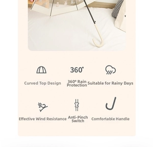 Detail of cream J-shaped handle and transparent dome design features of long umbrella