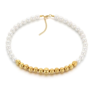 French vintage titanium steel necklace with white faux pearls and gold gradient beads