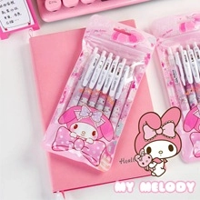 Pink My Melody stationery set with gel pens resting on a matching notebook and keyboard