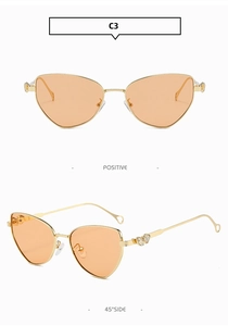 Detailed front and 45-degree side views of cat-eye metal sunglasses with orange lenses