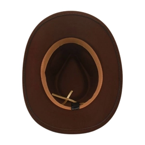 Detailed interior of dark brown fedora showing the sweatband and adjustable drawstring