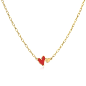 Golden paperclip link chain necklace featuring red and gold double heart pendants