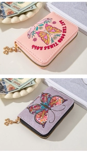 Detail of pink and purple floral butterfly embossed accordion card holders with zipper
