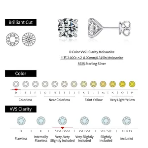 2ct D-Color VVS1 Moissanite stud earrings in S925 sterling silver with brilliant cut