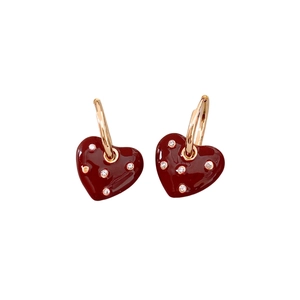 French style deep red heart earrings with crystals and gold hoops for women