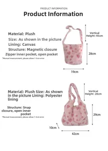 Detailed size chart for pink plush heart tote bags with internal structure and dimensions