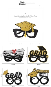 Detailed view of novelty graduation party eyeglasses with various festive frames and sizes