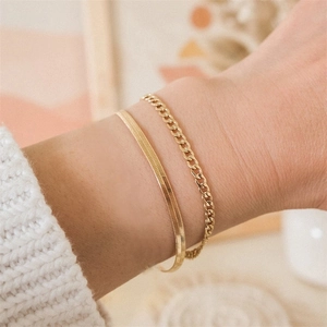 Minimalist double-layer 14K gold-plated stainless steel snake and Cuban chain bracelet