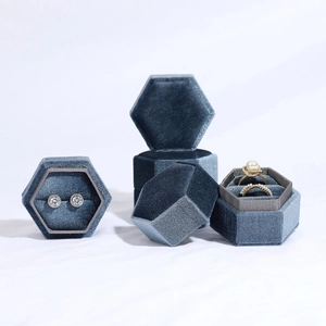 Elegant hexagonal dusty blue velvet jewelry box for rings and earrings display