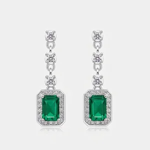 Vintage Drop Earrings 925 Sterling Silver Lab Created Emerald Green Gemstone Halo Square Dangle Jewelry For Women