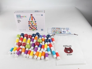 Detailed view of 45-piece magnetic building blocks set with colorful rods and storage bag