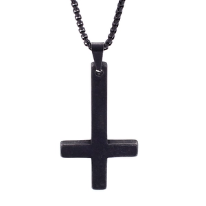 Matte black stainless steel inverted cross pendant on a square box chain for men