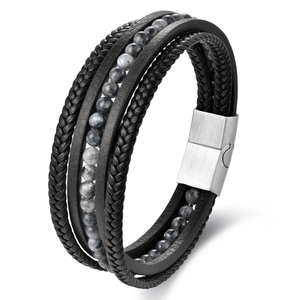 Men's double-layered black woven leather bracelet with grey beads and magnetic clasp