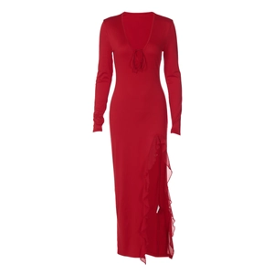 Robe longue rouge à manches longues avec décolleté en V lacé et fente latérale à volants