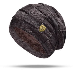 Men's winter knit beanie hat and neck scarf set with warm fleece lining in dark brown