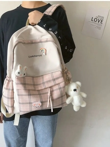 Pink and white plaid minimalist school backpack with cute plush rabbit and bear pendants