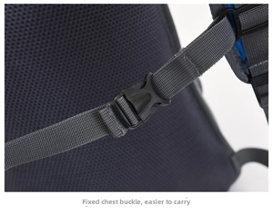 Close-up of adjustable chest buckle and breathable mesh on outdoor backpack straps