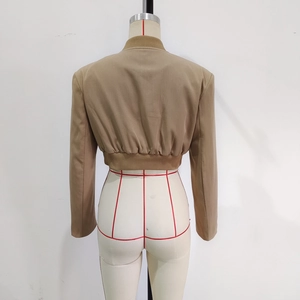 Detailed back view of khaki cropped baseball jacket with ribbed cuffs and hem