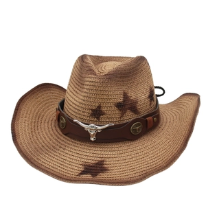 Cappello da cowboy in paglia con stelle e cinturino in pelle a testa di toro per spiaggia