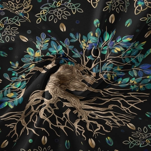 Detailed macro view showing the smooth fabric texture of a Tree of Life mandala tapestry