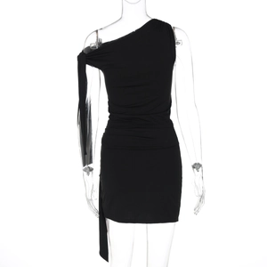 Rear view of black one-shoulder bodycon dress featuring tie strap and ruched fabric detail