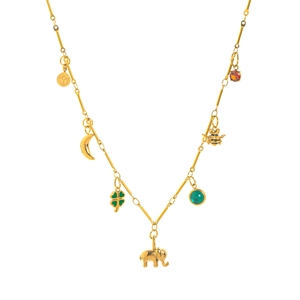 18K gold plated stainless steel necklace with moon clover elephant bee and gemstone pendants