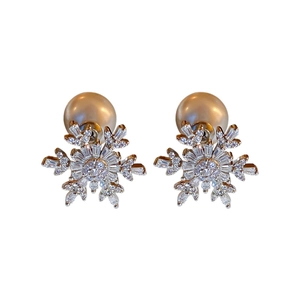 Snowflake zircon stud earrings with faux pearl backings for women in winter style