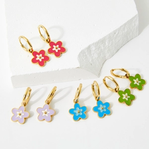Boucles D'oreilles Créoles Fleur En Émail Acier Inoxydable Plaqué Or Doux Couleur Contraste Bijoux Pour Femmes Filles