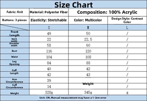 Tabella taglie dettagliata per cardigan in maglia bicolore con specifiche tessuti