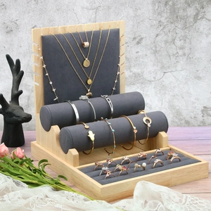 Wooden Jewelry Display Stand Organizer Bamboo Velvet Multi Tier Necklace Bracelet Ring Holder Storage Rack