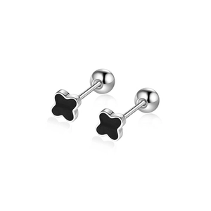 Detailed view of silver clover earrings with black inlay and secure screw back closure