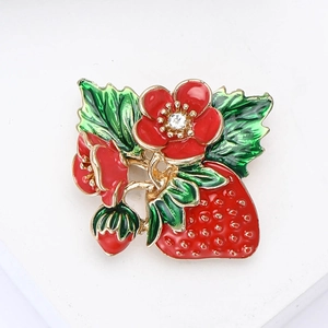 Chic enamel strawberry brooch with red fruit green leaves and crystal accents on gold base