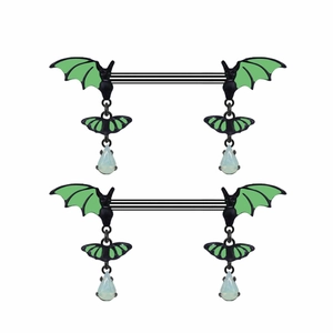 Pair of black bat wing nipple rings with green enamel and opal teardrop pendants