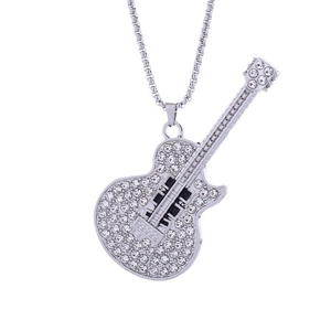 Hip hop silver guitar pendant necklace with sparkling crystals and long box chain for men