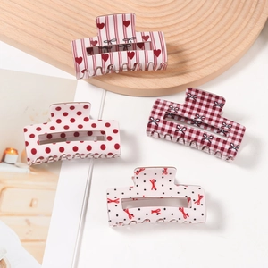 Hair Claw Clips Women PVC Plastic Strong Grip Preppy Style Plaid Heart Polka Dot Bow Hair Styling Accessories