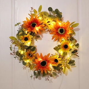 Artificial Sunflower Wreath Warm LED Lights Satin Cloth Flower Natural Vine Base Front Door Wall Hanging Farmhouse Rustic