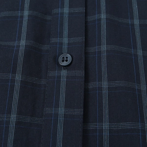 Classic dark blue plaid poplin shirt featuring a button-down collar and boyfriend style fit
