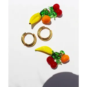 18K gold plated hoop earrings with colorful fruit charms of banana cherry and citrus